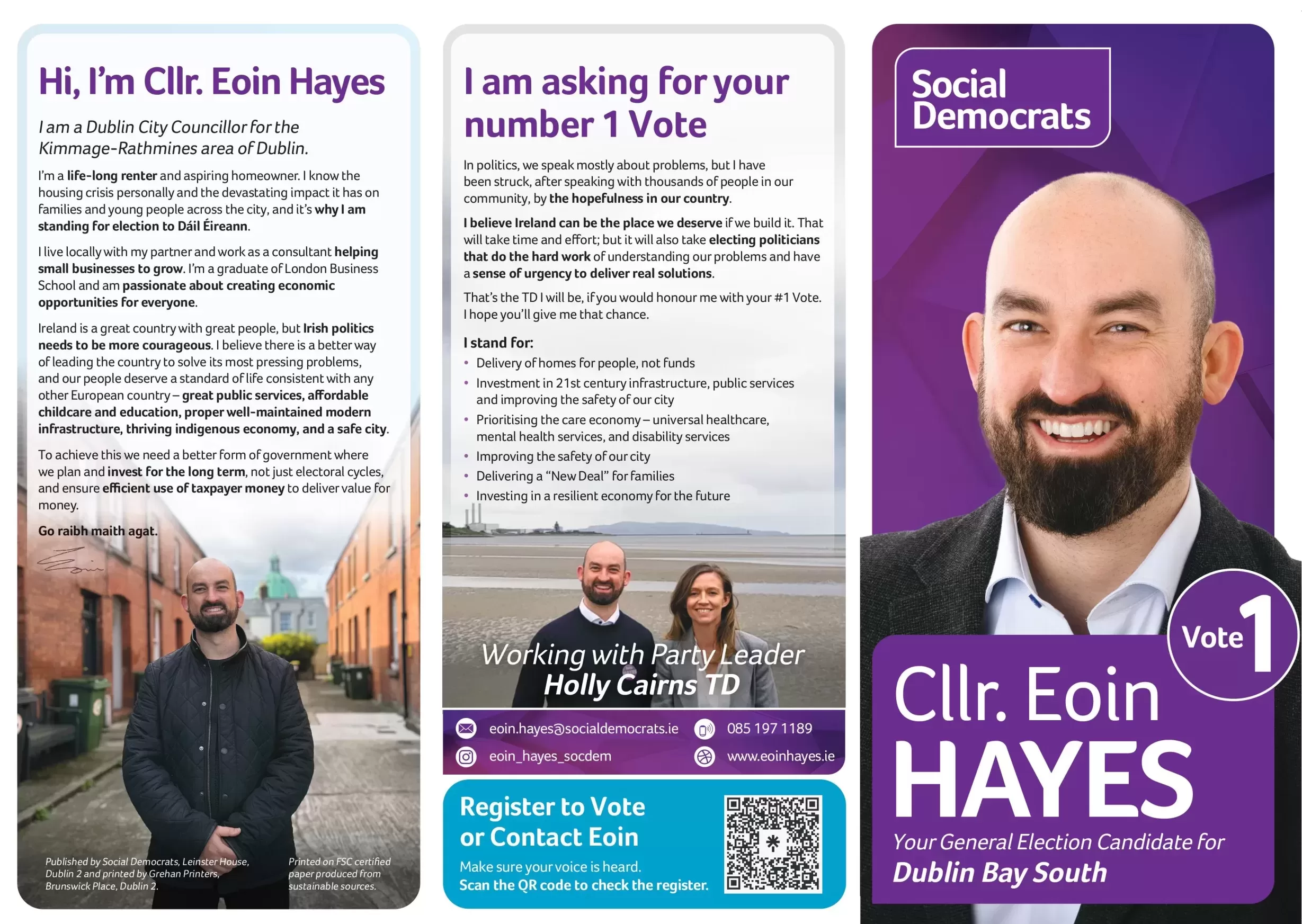 Image of the first page of Eoin Hayes' October 2024 canvassing leaflet.